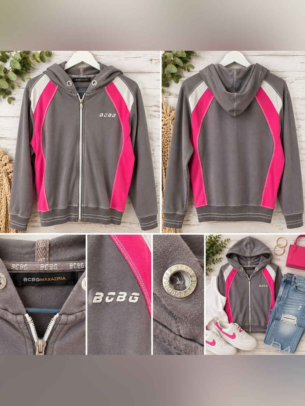 Vintage Y2K BCBGMAXAZRIA Gray & Pink Zip-Up Hoodie